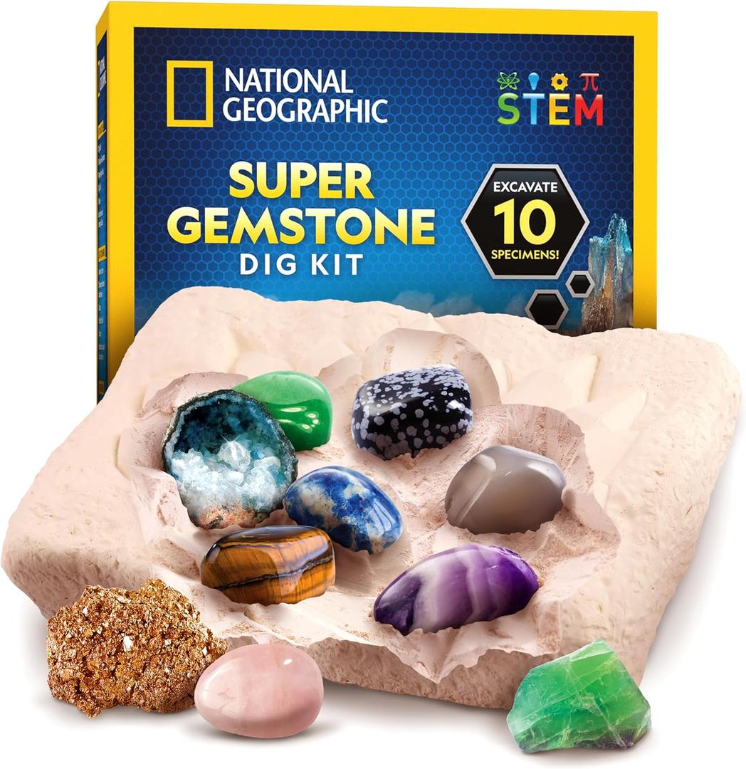 National Geographic Gemstone Dig Kit  Dig Up 10 Real Gemstones and Crystals, Science Kit for Kids, Gem Digging Kit, Gift for Girls and Boys, Mining Kit, Rock Collection