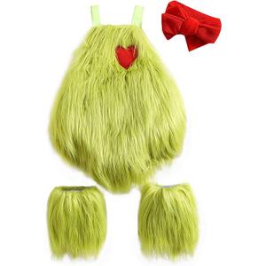 Qiylii Christmas Baby Costumes Green Monster Baby Girls Sleeveless Plush Fur Romper Onesie Headband + Leg Warmer Set Size 80