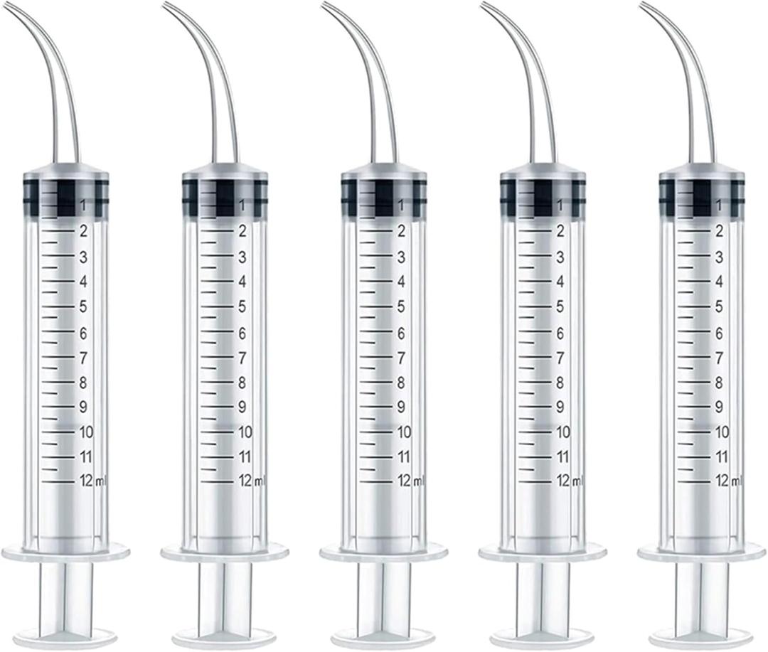 5 Pack Dental Syringe Disposable 12ml Dental Irrigation Syringe with Curved Tip for Oral, Dental Care, Tonsil Stone Squirt, Feed Pet, Liquid Injection, Oil, Glue, With Clear Measurement (C 5 Pack 12ml)