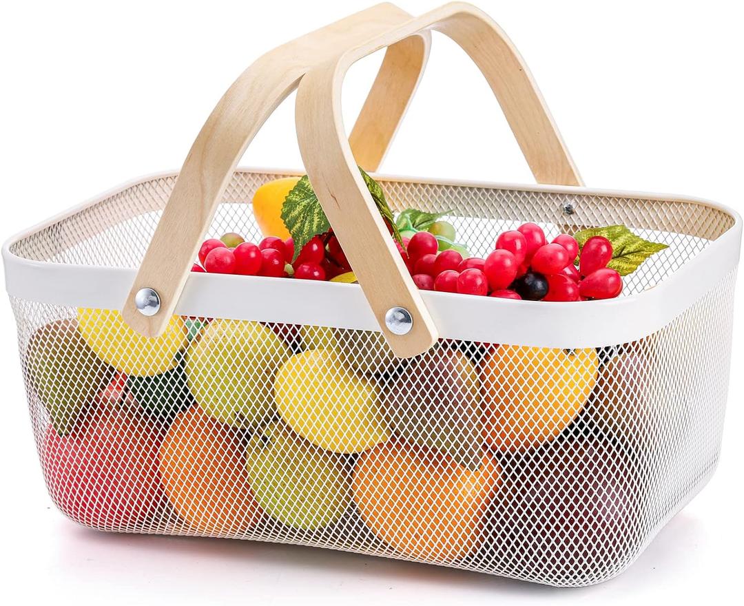 ZEAYEA Mesh Storage Basket with Handle, Garden Harvest Basket, Mesh Fruit Basket Bin for Gathering Vegetables, Multi-functional Metal Wire Basket for Kitchen Garden Picnic Cabinet, White