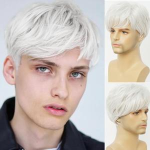 White Short Mens Wig with bangs Layered Synthetic Hair Daily Wigs for Male Use
