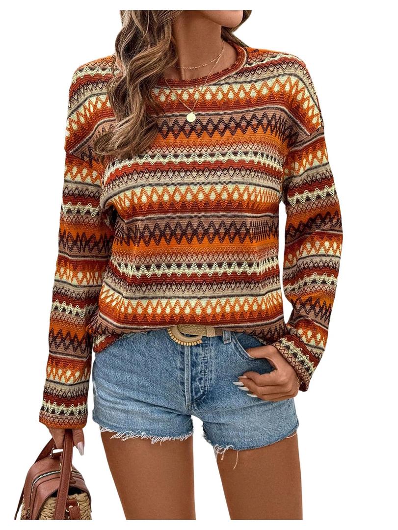 SOLY HUX Women's Long Sleeve T Shirt Boho Chevron Print Crew Neck Drop Shoulder Casual Fall Tops Multicoloured Chevron Medium (Brown, M)