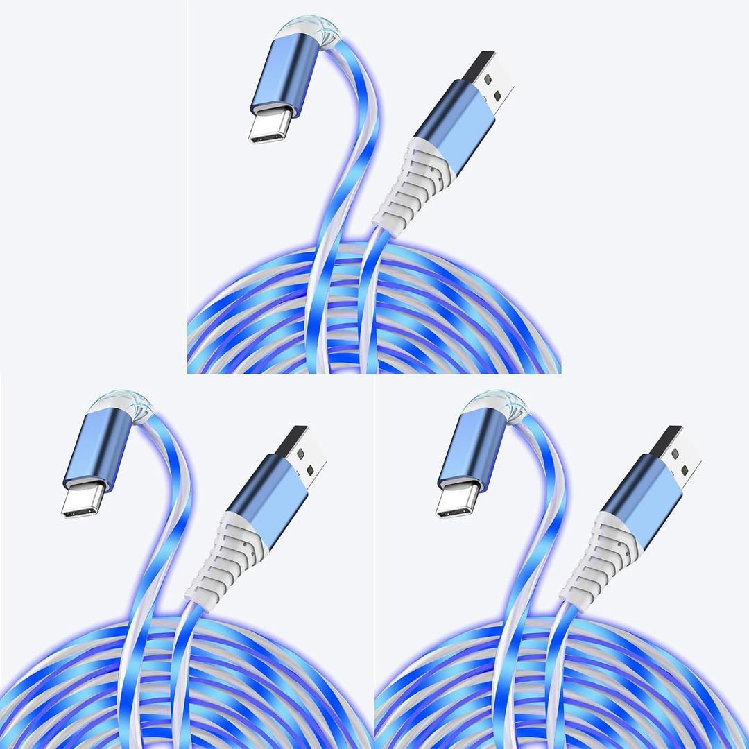 3-Pack 6.6FT USB C Charging Cables, Flowing Light Up Charger Cord, Compatible with Samsung Galaxy, iPhone 16/15, iPad, and More (Blue)