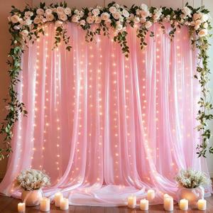 10x10ft Pink Tulle Backdrop Curtains with Lights String for Parties,Wrinkle Free Sheer Curtain Wedding Photo Backdop Drapes for Baby Shower Birthday Party Photography Home Decorations