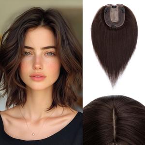 Rich Choices Hair Toppers for Women Real Human Hair 100% Human Remy Toppers NO Bangs for Women with Thinning on Top Clip in Hairpiece 4"x4.7"Lace Base 8 Inch #2 Dark Brown