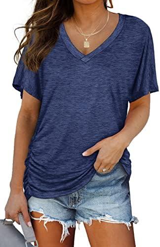 WIHOLL Womens Short Sleeve V Neck Dolman Tops with Side Shirring Loose Fit Shirts Medium