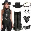6 PCS Women Cowgirl Costume Set Western Cowboy Outfits with Vest Hat Belt Earring Bandana for Halloween Costumes 2026 Cosplay (X-Large, Dark Black)
