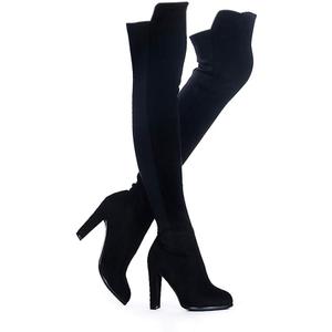 Shoe'N Tale Women Faux Suede Chunky Heel Stretch Over The Knee Thigh High Boots (9.5, Black)