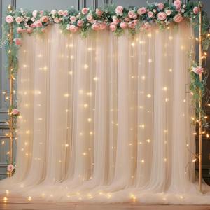 10x10ft Champagne Tulle Backdrop Curtain with Lights String for Parties, Sheer Backdrop Curtains for Wedding Baby Shower Birthday Party Photo Shoot Decorations (10ft X 10ft(2 Panels 5*10ft))