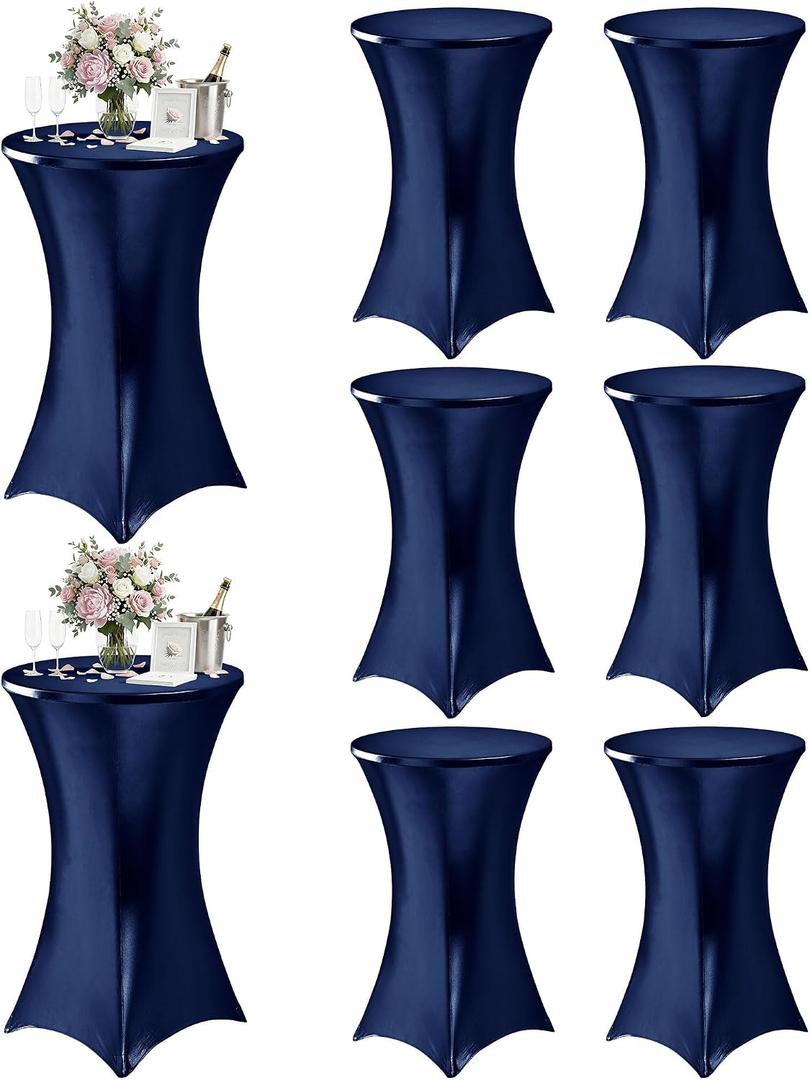 Cocktail High Top Table Covers - 32x43 Inch Fitted Spandex Round Cocktail Tablecloth for Bar Height Standing Table Cloths Reusable, for Party Wedding Banquet Event Decorations, Shiny Navy, 8 Pack
