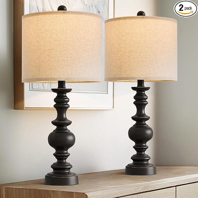 BOBOMOMO 24" Traditional Farmhouse Table Lamp Set of 2, Vintage Resin Lamps for Living Room Bedroom, Rustic Nightstand Lamp with Linen Shades, Retro Black Table Lamps for Living Room, Bedroom, Office, Medium 
