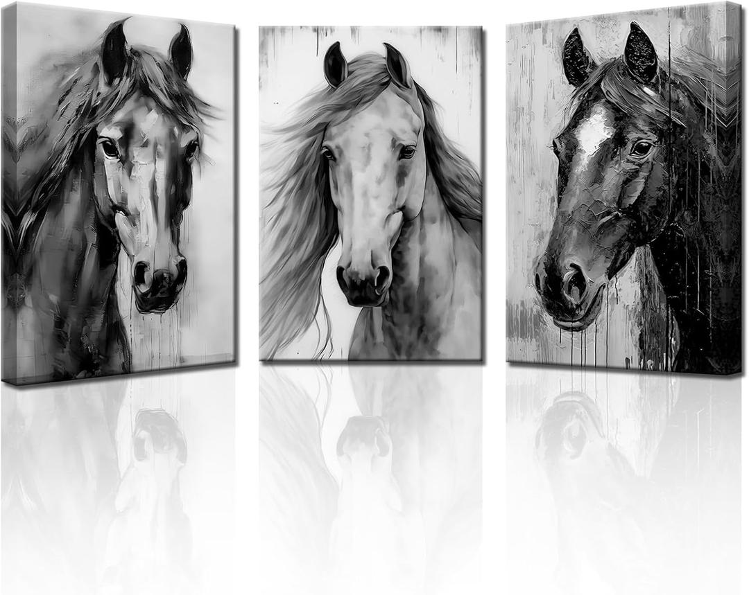 PBXBJY 3 Piece Horse Canvas Wall Art Black and White Horses Painting Prints Farm Animal Portraits Picture Wildlife Vintage Artwork Home Office Decor Framed (16.00" x 24.00" x 3PCS)