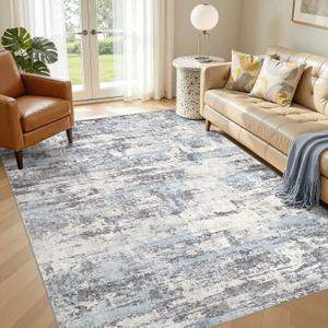 Area Rugs for Living Room: 7x9 Abstract Washable Rug Modern Neutral Large Soft Stain Resistant Non-Slip Backing Machine Table for Bedroom Dining Room Indoor Home Office Carpet - Blue Grey