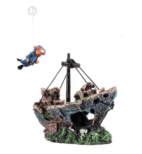 AWXZOM Aquarium Shipwreck Decoration + Little Diver Floating Fish Tank Decoration, Fish Tank Ornaments