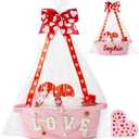 InfiBay Valentines Day Basket, Valentines Gift Baskets Empty, Woven Rope Pink Baskets with Handle, Ribbon, Row Decor, Personalized Monogrammed Woven Basket, Valentine Storage Baskets for Him Her