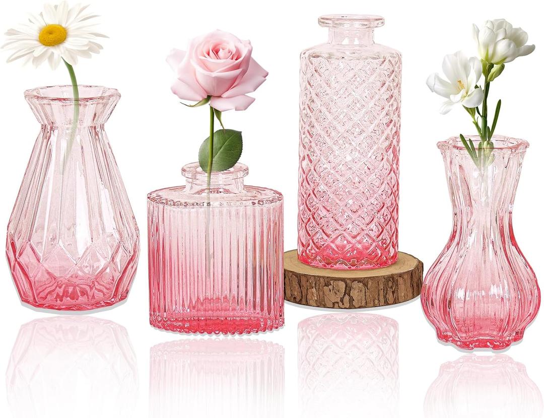 Set of 4 Glass Bud Vase Set, Small Vintage Clear Flower Vase Centerpieces for Table Bulk Cute Rustic Style Mini Vase for Home Decor Wedding Baby Shower Birthday Party(Ombre Pink)