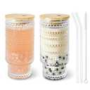 Icesip 2 Pcs 16 oz Glass Cup with Lids and Straws Brush Hobnail Vintage Glasswar for Juice Iced Coffee Soda Cocktail Whiskey(Hobnail*2)
