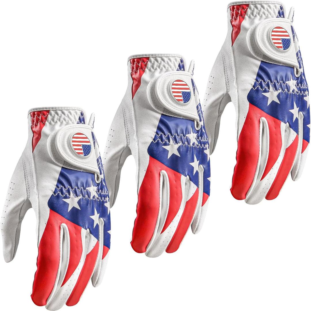 Amy Sport Golf Gloves Men Right Handed Golfer Left Hand Leather with Ball Marker Value 3 Pack, Color Leather Glove All Weather Grip Comfortable,  Left, USA Flag, Large, 3Pcs