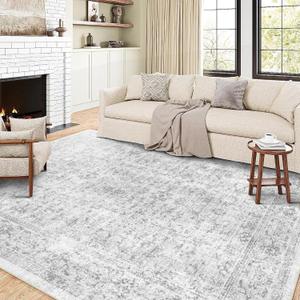 8x10 Area Rugs for Living Room, Non-Slip Backing Washable Rug 8x10, Grey Large Area Rug Soft Carpet for Bedroom Dining Room, Vintage Floral, Easy Clean, Durable, Low Pile Rug Under Table
