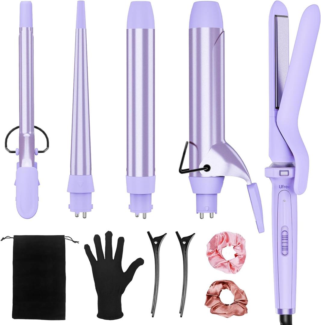 Birthday Gifts for Women, Ufree 5 in 1 Curling Iron with Interchangeable Ceramic Barrels (0.35"-1.25"), Curling Wand Set with Flat Iron Hair Straightener, Instant Heat Up, Dual Voltage Hair Curler (Purple)