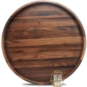 24 Inches Extra Large Round Black Walnut Wood Ottoman Tray with Handles, Serve Tea, Coffee or Breakfast in Bed, Classic Circular Wooden Decorative Serving Tray