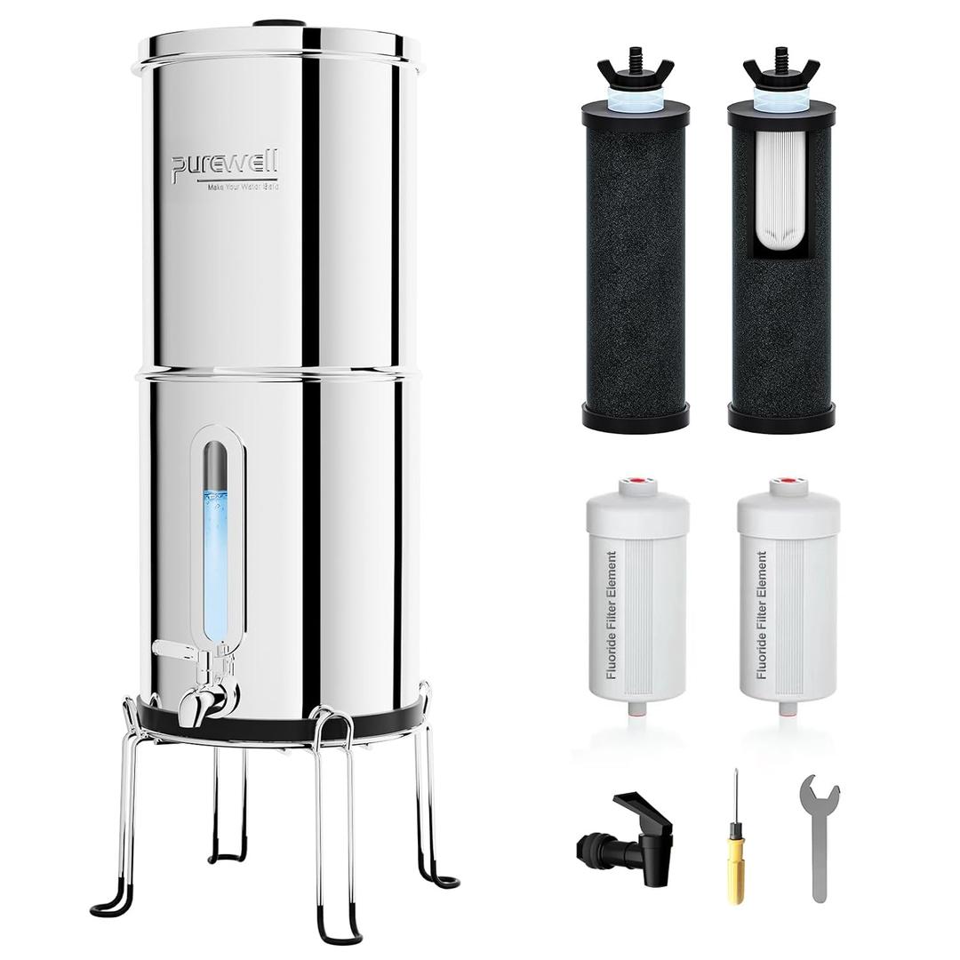 Purewell 2.25G Gravity Water Filter System with Water Level Window, 8-Stage 0.01m Ultra-Filtration Stainless Steel Countertop System with 4 Filters and Stand, Reduce Fluoride and Chlorine, PW-KS-CF