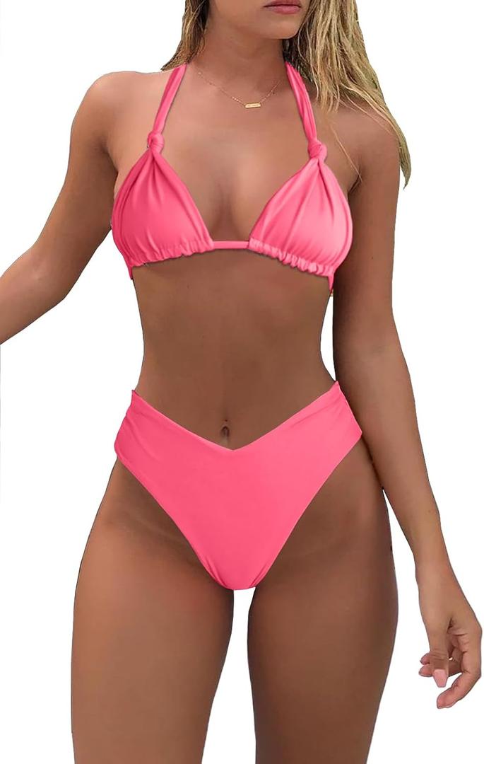 Bikini Sets for Women Sexy Halter Triangle String Bikini Cheeky V Cut High Waisted Thong Swimsuits 2 Piece (Medium, Bright Pink)