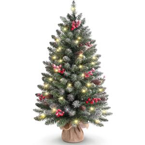 3ft Tabletop Pre-lit Mini Christmas Tree with LED Lights and Pine Cones, Artificial Tree for Table/Desk Decoration