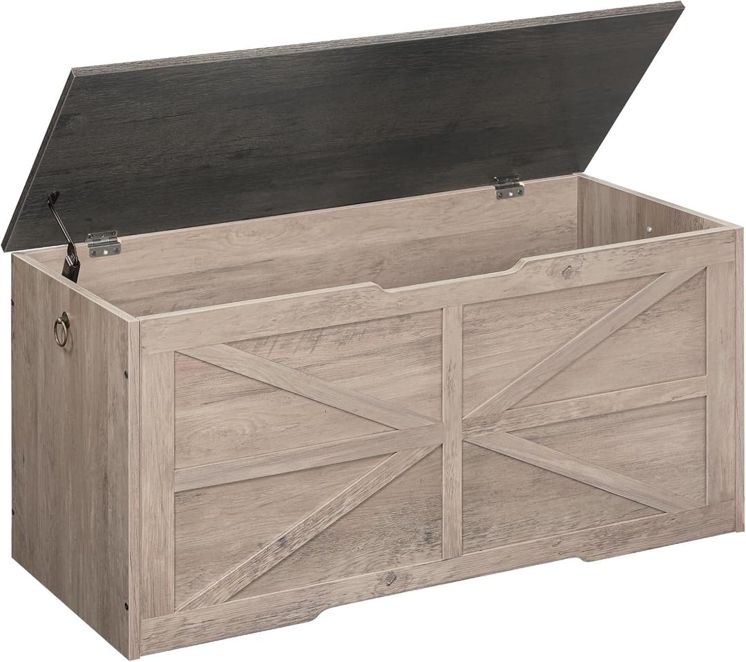 CHOEZON Storage Chest, 39.4" Wooden Storage Trunk, Retro Storage Bench with Safety Hinge, Toy Chest Storage, Farmhouse Style, for Bedroom, Living Room, Charcoal Gray and Greige MCW10HC, 39.4"L x 15.7"W x 19"H