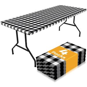 Smiry Picnic Table Cloth 4 Pack, Waterproof Elastic Fitted Tablecloths for 6FT Rectangle Tables, Washable Polyester Buffalo Plaid Tablecloth for Camping, Dining & Outdoor (Black & White, 30" x 72")