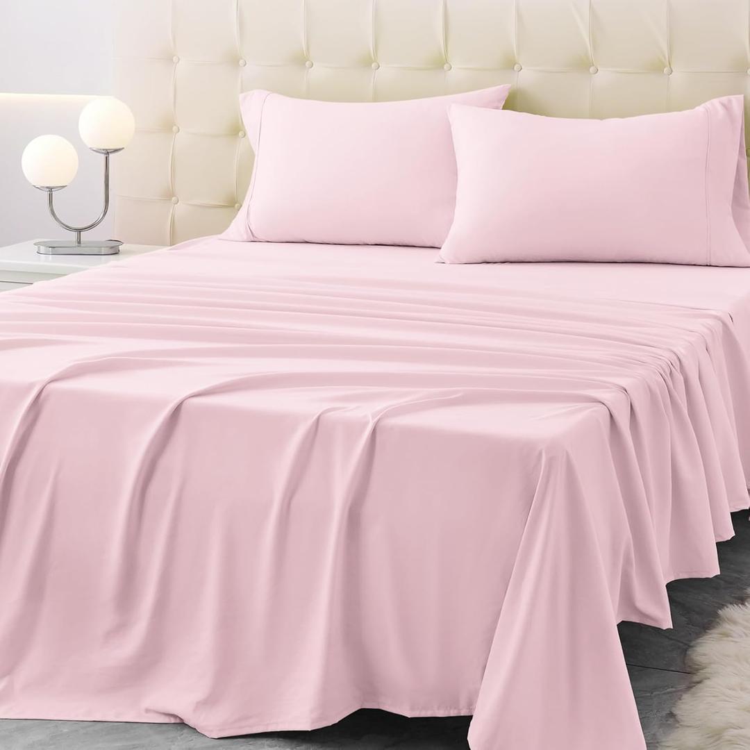 Full Size Bed Sheet Set - 4 Piece Soft Microfiber Sheets with Deep Pockets, Cooling Technology, and Wrinkle-Free Pillowcase. Hotel-Quality, Durable Bedding, Light Pink