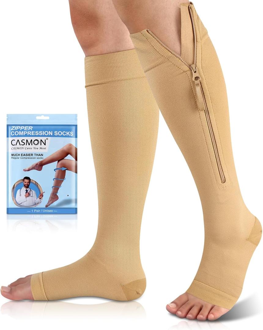 CASMON 15-20mmHg Zipper Compression Socks for Women and Men, Knee High Compression Stockings, Medical Open Toe Support Socks for Varicose Veins, Post-Surgery, Swelling, Nurses, Pregnancy (1 Pair) (XX-Large, Beige)