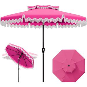AreShark 9FT Patio Umbrella with Fringe, Wind-Resistant Fiberglass 8 Ribs Tassel Outdoor Umbrella with Crank and Push Button Tilt, Double Tier Vent Sun Shade for Pool, Deck, Backyard, Rose Pink