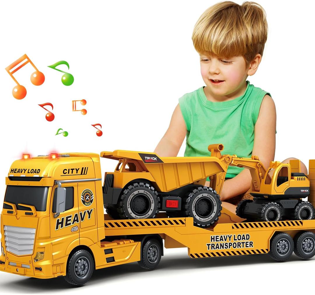 SpringFlower 3 4 5 6 Toddler Boy Toys, 25" Construction Carrier Toy with Excavator and Dump Truck,3 in 1 Truck, Christmas Birthday Gifts for Kids 3 4 5 6 Years Old