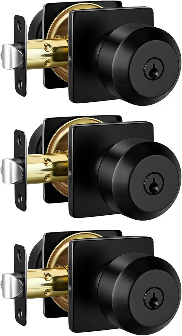 Goldenwarm Matte Black Keyed Alike Exterior Door Knob, Front Door Knob with Lock and Key, Black Door Knobs Exterior 3 Pack