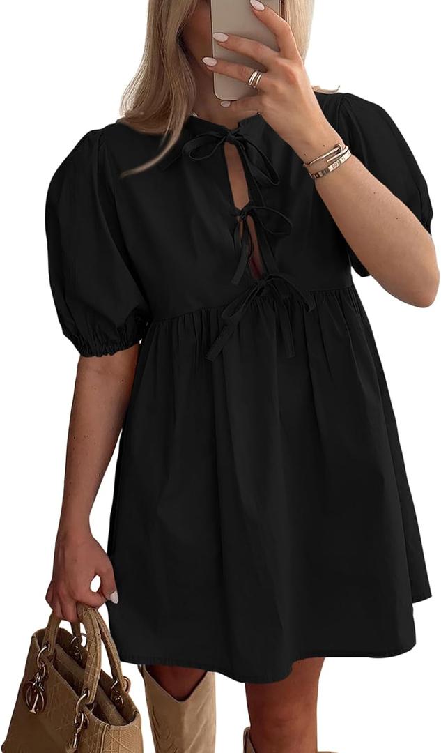 PRETTYGARDEN Womens 2025 Summer Casual Short Sleeve Dresses A Line Bow Tie Front Babydoll Loose Cute Mini Dress with Pockets (Black,Medium)