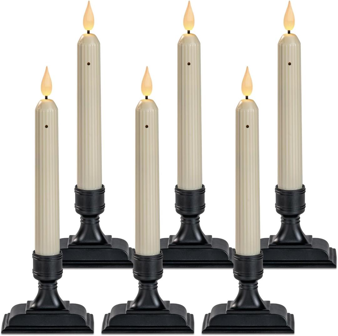 Homemory 6 Pcs Window Candles with Sensor Dusk to Dawn, Ivory Electric Window Candle Flickering, Christmas Fake Candles Battery Operated, Led Candlesticks with Black Holders for Xmas Holiday Decor