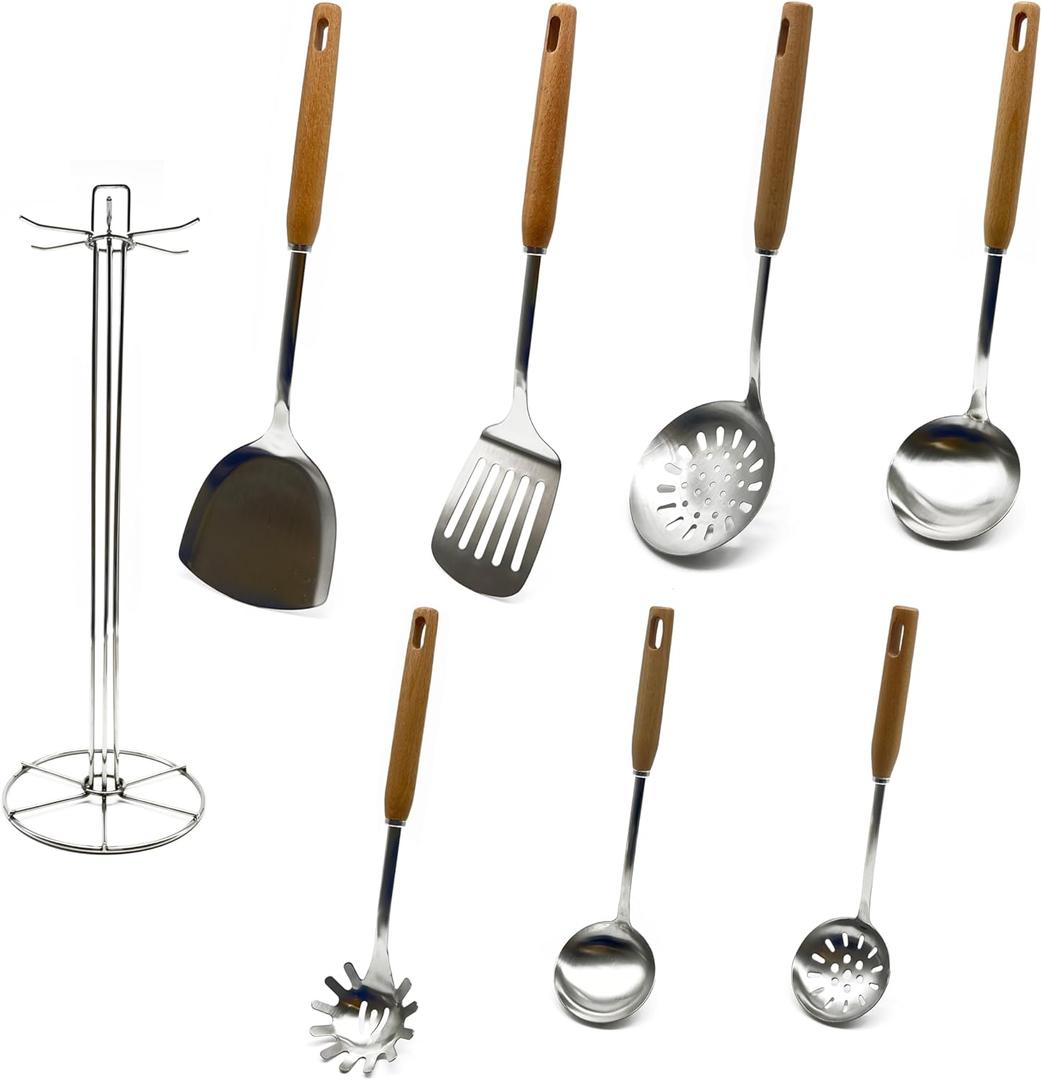 Cooking Utensils Set, 8-Piece 304 Stainless Steel Kitchen Tool Sets with Holder, Wooden Handle Heat Resistant Kitchen Cookware Set, Gadgets Tools Set Gift