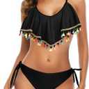 Tempt Me Two Piece Flounce Bikini Side Tie Bottom Padded Ruffled Top Swimsuit for Women Cross Back Bathing Suit (XX-Large, Black With Tassel)