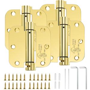 Sophia 4 Pack Self-Closing Door Hinge 3.5 Inch Rounded 5/8 Radius, Spring Loaded Hinges Adjustable Tension, Automatic Door Closer Hinge for Interior Exterior Residential Standard Indoor Doors, Gold (Polished Brass)