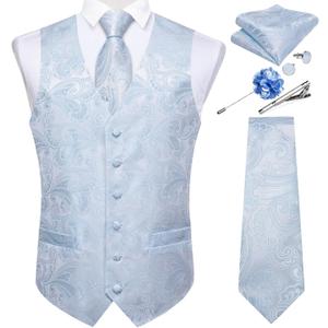 DiBanGu Mens Paisley Vest Tie Set with Lapel Pin Tie Clip 7PCS Silk V-Neck Suit Waistcoat and Necktie for Tuxedo Wedding
