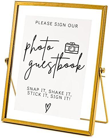 Gold Floating Picture Frame Wedding Signs - Please Sign Our Guest Book - 10”x8” Place Card/Menu Holder