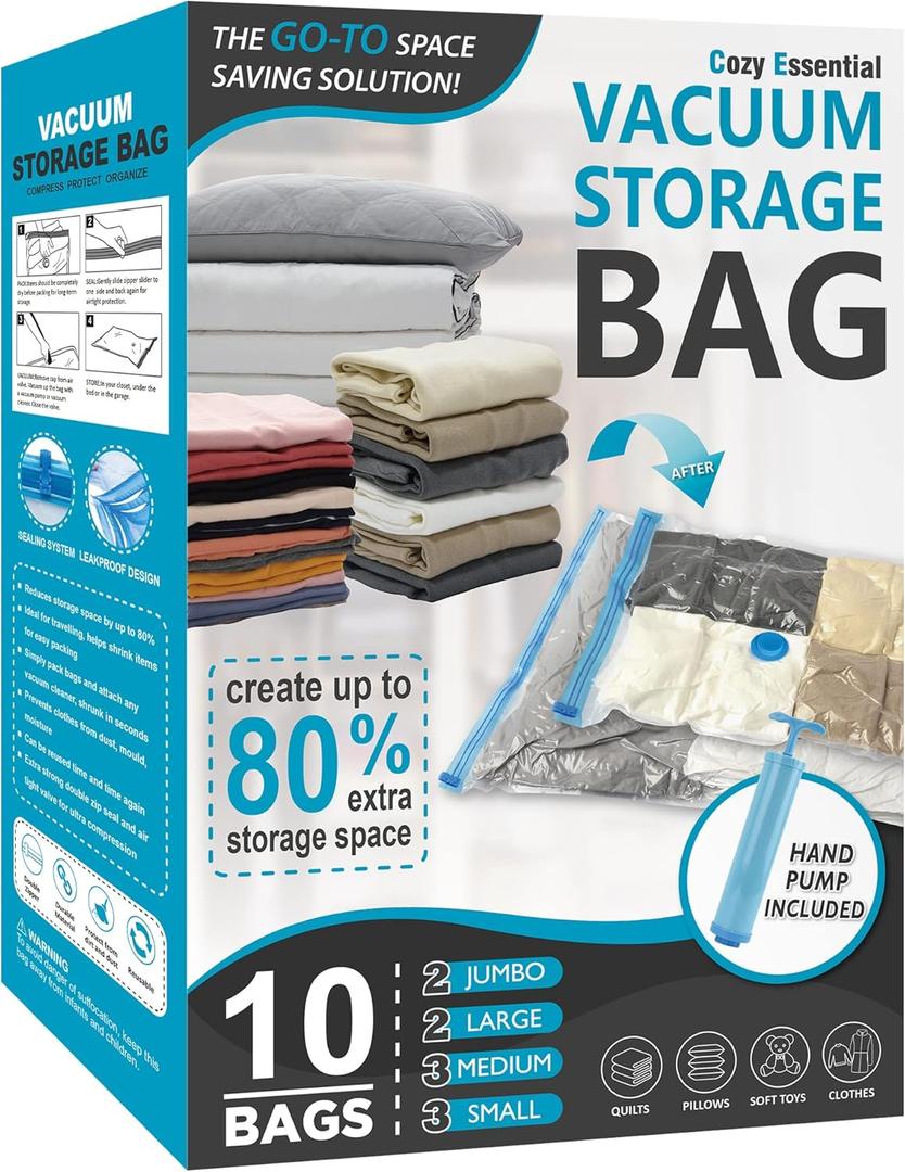 Cozy Essential Vacuum Storage Bags, 80% Compression Vacuum Seal Space Saver Plastic Packaging Bags for Clothes, Blankets, Pillow, Bedding, Comforters, Sealer Clothing Storage, 10 Combo