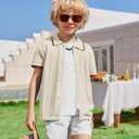 Arshiner Boys Button Down Shirt Short Sleeve Knit Shirt Summer Vintage Fashion Casual Beach Shirts for Kids 7-8 Years (Beige)