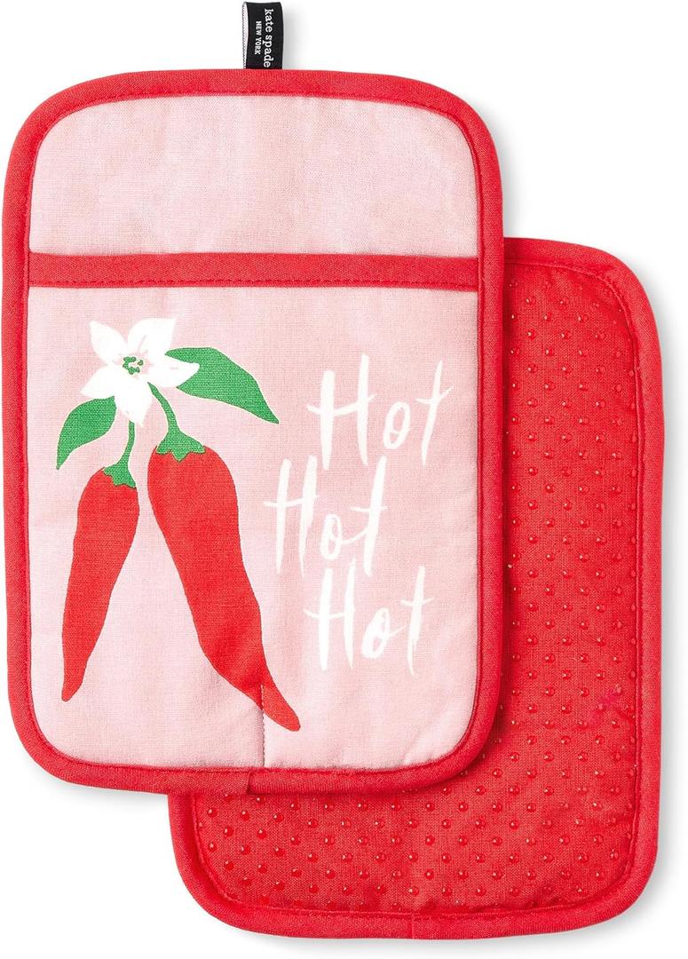 Kate Spade New York Hot Hot Hot Peppers Pot Holder 2-Pack Set, Heat Resistant, 100% Cotton, Red/Pink, 7"x10"