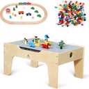 Kid's All-in-One Activity Play Table with 290 Building Bricks and 30-Piece Wooden Train Set Railway,Cars,Track and Accessories for Toddlers Boys and Girls Children's Toy Playset Game Desk