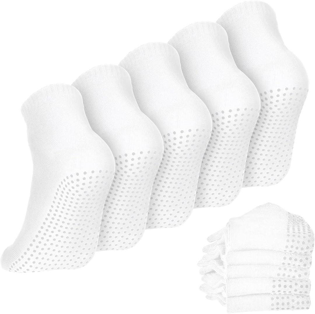 Geyoga 5 Pairs Non Slip Socks for Men Women Grip Socks with Cushion Unisex for Yoga Pilates Barre Home Workout (White)