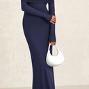 PRETTYGARDEN Fall Dresses for Women 2025 Elegant Off The Shoulder Long Sleeve Formal Wedding Guest Bodycon Maxi Dress(Navy,Medium)