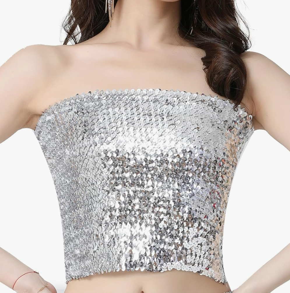 Women's Sequin Tube Top Stretchy Sleeveless Crop Tops Metallic Sparkly Tube Tops for Halloween Party Clubwear, S, Silver