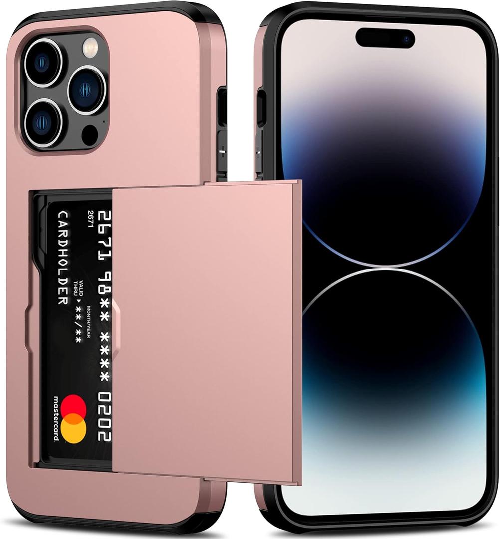 Nvollnoe for iPhone 14 Pro Max Case with Card Holder Heavy Duty Protective Dual Layer Shockproof Hidden Card Slot Slim Wallet Cover for iPhone 14 Pro Max for Women&Men(Rose Gold)